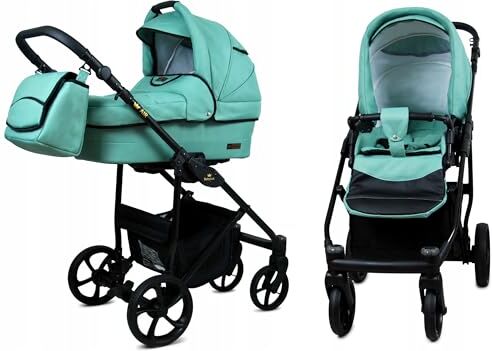 Babylux ® Bambini Passeggino Completo Set 2 in 1 AIR   Sage incl. Navicella, Canna Carrozzina Neonati Sistema Combinato Borsa fasciatoio, Copertura antipioggia, Zanzariera ecc.