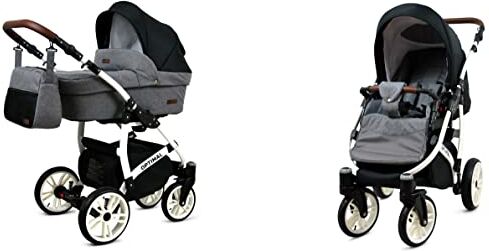 Babylux Passeggino Optimal 2in1 Deep e Passeggino con Accessori Regolabile e Pieghevole Costruzione in Alluminio Leggero 2 Opzioni di Montaggio Ruote Impenetrabili Grey Flex Black White Frame