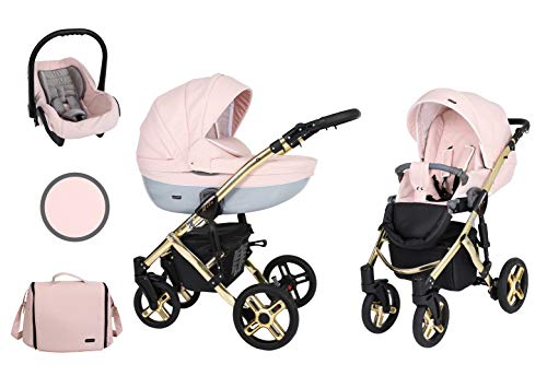 Kunert Passeggino per bambini 3 in 1 navicella carrozzina seggiolino auto  Mila Premium 3in1 passeggini (rosa cipria + telaio d'oro, 3in1)