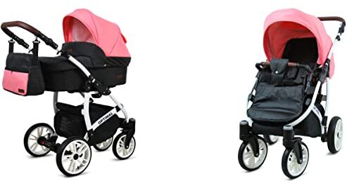 Babylux Passeggino Optimal 2in1 Deep e Passeggino con Accessori Regolabile e Pieghevole Costruzione in Alluminio Leggero 2 Opzioni di Montaggio Ruote Impenetrabili Black Coral White Frame