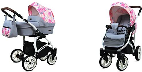 Babylux Passeggino Optimal 2in1 Deep e Passeggino con Accessori Regolabile e Pieghevole Costruzione in Alluminio Leggero 2 Opzioni di Montaggio Ruote Impenetrabili Peony And Rose White Frame