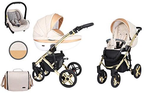 Kunert Passeggino per bambini 3 in 1 navicella carrozzina seggiolino auto  Mila Premium 3in1 passeggini (denim crema + oro eco + telaio d'oro, 3in1)