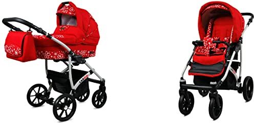 Babylux Passeggino Largo 2in1 Deep e Passeggino con Accessori Regolabile e Pieghevole Struttura in Alluminio Leggero 2 Opzioni di Montaggio Ruote Impenetrabili Red Flowers Silver Frame