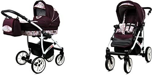 Babylux Passeggino Largo 2in1 Deep e Passeggino con Accessori Regolabile e Pieghevole Struttura in Alluminio Leggero 2 Opzioni di Montaggio Ruote Impenetrabili Maroon Flowers White Frame