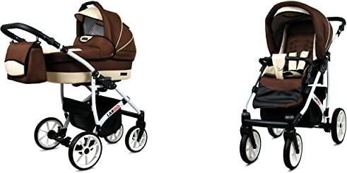 Babylux Passeggino Largo 2in1 Deep e Passeggino con Accessori Regolabile e Pieghevole Struttura in Alluminio Leggero 2 Opzioni di Montaggio Ruote Impenetrabili Brown Cream White Frame