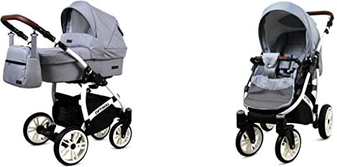 Babylux Passeggino Optimal 2in1 Deep e Passeggino con Accessori Regolabile e Pieghevole Costruzione in Alluminio Leggero 2 Opzioni di Montaggio Ruote Impenetrabili Silver Flex White Frame