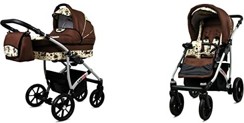 Babylux Passeggino Largo 2in1 Deep e Passeggino con Accessori Regolabile e Pieghevole Struttura in Alluminio Leggero 2 Opzioni di Montaggio Ruote Impenetrabili Brown Owl Silver Frame