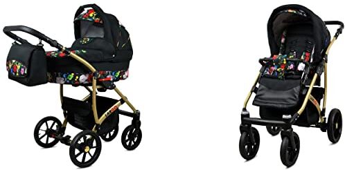 Babylux Passeggino Largo 2in1 Deep e Passeggino con Accessori Regolabile e Pieghevole Struttura in Alluminio Leggero 2 Opzioni di Montaggio Ruote Impenetrabili Garden Flowers Gold Frame