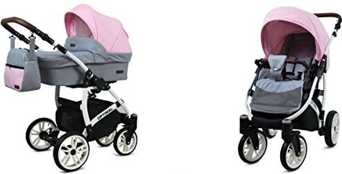 Babylux Passeggino Optimal 2in1 Deep e Passeggino con Accessori Regolabile e Pieghevole Costruzione in Alluminio Leggero 2 Opzioni di Montaggio Ruote Impenetrabili Light Pink White Frame