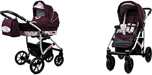 Babylux Passeggino Largo 2in1 Deep e Passeggino con Accessori Regolabile e Pieghevole Struttura in Alluminio Leggero 2 Opzioni di Montaggio Ruote Impenetrabili Maroon Flowers Silver Frame