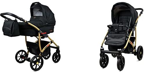 Babylux Passeggino Largo 2in1 Deep e Passeggino con Accessori Regolabile e Pieghevole Struttura in Alluminio Leggero 2 Opzioni di Montaggio Ruote Impenetrabili Black Gold Frame