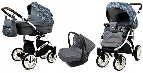 Babylux ® Bambini Passeggino Completo Set 3 in 1 Optimal incl. Navicella, Canna, Seggiolino Auto Carrozzina Neonati Sistema Combinato con Borsa fasciatoio, Copertura antipioggia ecc.