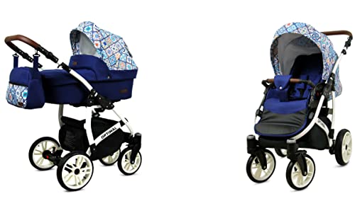 Babylux Passeggino Optimal 2in1 Deep e Passeggino con Accessori Regolabile e Pieghevole Costruzione in Alluminio Leggero 2 Opzioni di Montaggio Ruote Impenetrabili Portuguese Tilese White Frame