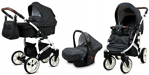 Babylux ® Bambini Passeggino Completo Set 3 in 1 Optimal incl. Navicella, Canna, Seggiolino Auto Carrozzina Neonati Sistema Combinato con Borsa fasciatoio, Copertura antipioggia ecc.