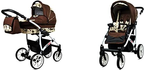 Babylux Passeggino Largo 2in1 Deep e Passeggino con Accessori Regolabile e Pieghevole Struttura in Alluminio Leggero 2 Opzioni di Montaggio Ruote Impenetrabili Brown Owl White Frame