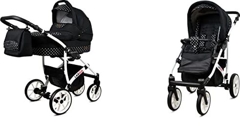 Babylux Passeggino Largo 2in1 Deep e Passeggino con Accessori Regolabile e Pieghevole Struttura in Alluminio Leggero 2 Opzioni di Montaggio Ruote Impenetrabili White Dots White Frame