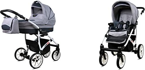 Babylux Passeggino Largo 2in1 Deep e Passeggino con Accessori Regolabile e Pieghevole Struttura in Alluminio Leggero 2 Opzioni di Montaggio Ruote Impenetrabili Silver White Frame