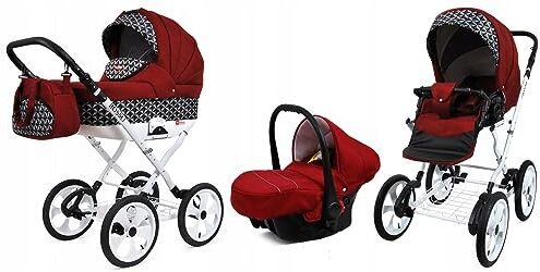 Babylux ® Bambini Passeggino Completo Set 3 in 1 Rosso incl. Navicella, Canna, Seggiolino Auto Carrozzina Neonati Sistema Combinato con Borsa fasciatoio, Copertura antipioggia ecc.