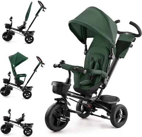 kk Kinderkraft Kinderkraft AVEO Triciclo bambini dai 9 Mesi fino 25 kg, Passeggino con Maniglione del Genitore regolabile, Bici, Compatto pieghevole, Sedile girevole Fronte Mamma e Strada, Ruota libera, Verde