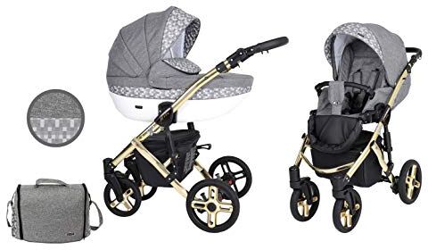 Kunert Passeggino per bambini 2 in 1 navicella carrozzina accessoti  Mila Premium 2in1 passeggini (lino grigio + cubo + telaio d'oro, 2in1)