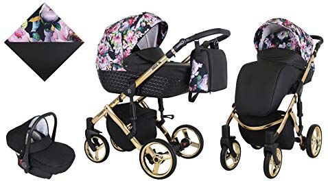 Kunert Passeggino per bambini 3 in 1 navicella carrozzina seggiolino auto  Tiaro Premium 3in1 passeggini (nero + fiori + telaio d'oro, 3in1)