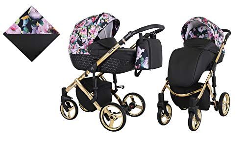 Kunert Passeggino per bambini 2 in 1 navicella carrozzina accessoti  Tiaro Premium 2in1 passeggini (nero + fiori + telaio d'oro, 2in1)