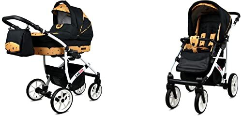 Babylux Passeggino Largo 2in1 Deep e Passeggino con Accessori Regolabile e Pieghevole Struttura in Alluminio Leggero 2 Opzioni di Montaggio Ruote Impenetrabili Gold Star White Frame