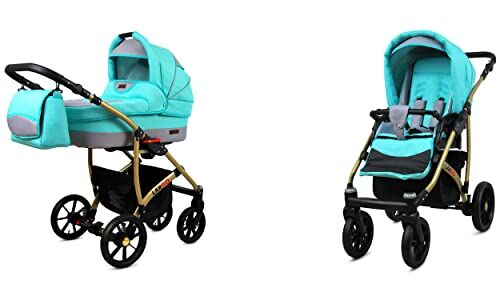 Babylux Passeggino Largo 2in1 Deep e Passeggino con Accessori Regolabile e Pieghevole Struttura in Alluminio Leggero 2 Opzioni di Montaggio Ruote Impenetrabili Mint Gold Frame