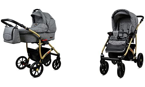 Babylux Passeggino Largo 2in1 Deep e Passeggino con Accessori Regolabile e Pieghevole Struttura in Alluminio Leggero 2 Opzioni di Montaggio Ruote Impenetrabili Grey Flex Gold Frame