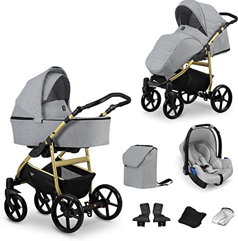 Kunert Passeggino per bambini 3 in 1 et 2 in 1 navicella carrozzina seggiolino auto  MATA 3in1 et 2in1 passeggini (3 in 1, grigio + telaio d'oro)