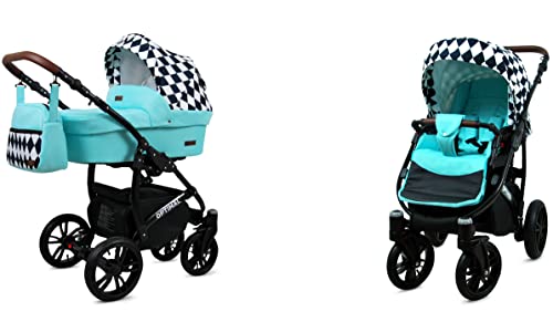 Babylux Passeggino Optimal 2in1 Deep e Passeggino con Accessori Regolabile e Pieghevole Costruzione in Alluminio Leggero 2 Opzioni di Montaggio Ruote Impenetrabili Mint Diamond Black Frame