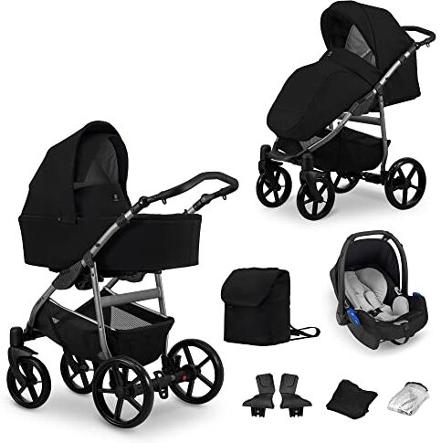 Kunert Passeggino per bambini 3 in 1 et 2 in 1 navicella carrozzina seggiolino auto  MATA 3in1 et 2in1 passeggini (3 in 1, nero + telaio in grafite)