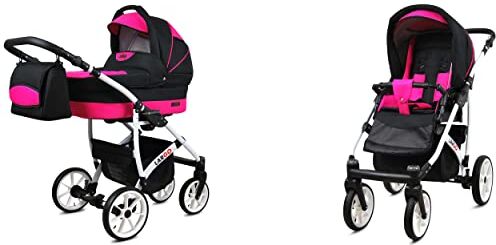 Babylux Passeggino Largo 2in1 Deep e Passeggino con Accessori Regolabile e Pieghevole Struttura in Alluminio Leggero 2 Opzioni di Montaggio Ruote Impenetrabili Black Magenta White Frame