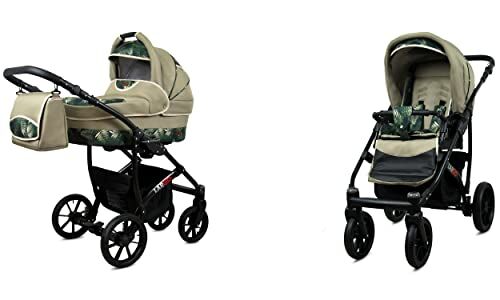 Babylux Passeggino Largo 2in1 Deep e Passeggino con Accessori Regolabile e Pieghevole Struttura in Alluminio Leggero 2 Opzioni di Montaggio Ruote Impenetrabili Fern Leaf Black Frame