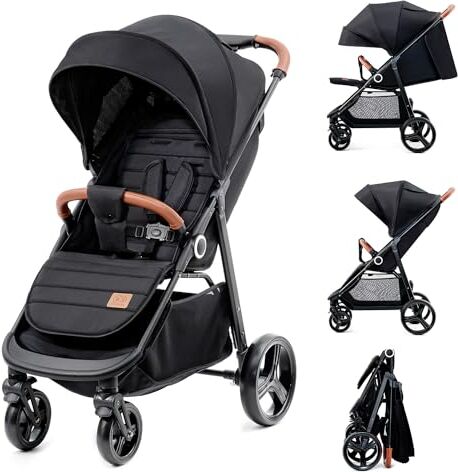 kk Kinderkraft Kinderkraft GRANDE PLUS Passeggino Leggero dalla Nascita fino 22 kg, Pieghevole con una mano, Posizione Sdraiata, L'ammortizzazione su tutte le ruote, Cappottina XL, Nero