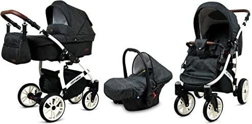 Babylux Optimal 3 in 1 Baby Travel System   Carrozzina con Navicella + Passeggino  Parapioggia Staccabile, Coprigambe, Ruote con Pneumatici in Gel   Black Flex & Telaio Biancho, 60x 95x115 cm