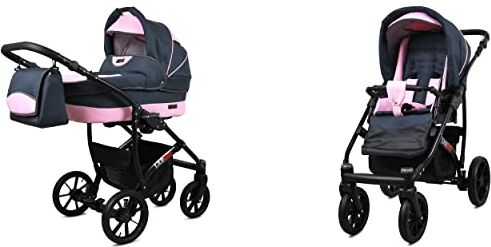 Babylux Passeggino Largo 2in1 Deep e Passeggino con Accessori Regolabile e Pieghevole Struttura in Alluminio Leggero 2 Opzioni di Montaggio Ruote Impenetrabili Grey Light Pink Black Frame