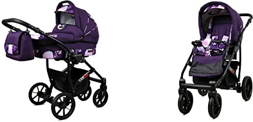 Babylux Passeggino Largo 2in1 Deep e Passeggino con Accessori Regolabile e Pieghevole Struttura in Alluminio Leggero 2 Opzioni di Montaggio Ruote Impenetrabili Violet Flowers Black Frame