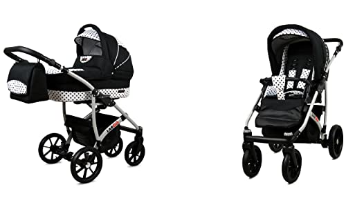 Babylux Passeggino Largo 2in1 Deep e Passeggino con Accessori Regolabile e Pieghevole Struttura in Alluminio Leggero 2 Opzioni di Montaggio Ruote Impenetrabili Black Dots Silver Frame