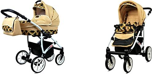 Babylux Passeggino Largo 2in1 Deep e Passeggino con Accessori Regolabile e Pieghevole Struttura in Alluminio Leggero 2 Opzioni di Montaggio Ruote Impenetrabili Gold Rainbow White Frame