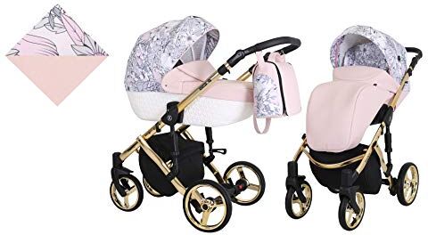 Kunert Passeggino per bambini 2 in 1 navicella carrozzina accessoti  Tiaro Premium 2in1 passeggini (rosa + fiori + telaio d'oro, 2in1)