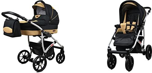 Babylux Passeggino Largo 2in1 Deep e Passeggino con Accessori Regolabile e Pieghevole Struttura in Alluminio Leggero 2 Opzioni di Montaggio Ruote Impenetrabili Black Coffe Silver Frame