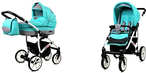 Babylux Passeggino Largo 2in1 Deep e Passeggino con Accessori Regolabile e Pieghevole Struttura in Alluminio Leggero 2 Opzioni di Montaggio Ruote Impenetrabili Mint White Frame