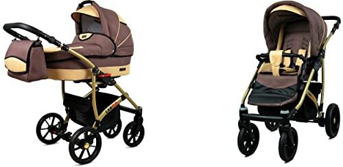 Babylux Passeggino Largo 2in1 Deep e Passeggino con Accessori Regolabile e Pieghevole Struttura in Alluminio Leggero 2 Opzioni di Montaggio Ruote Impenetrabili Latte Beige Gold Frame