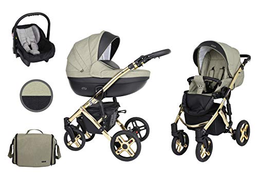Kunert Passeggino per bambini 3 in 1 navicella carrozzina seggiolino auto  Mila Premium 3in1 passeggini (oliva + nero eco + telaio d'oro, 3in1)