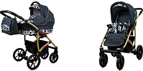 Babylux Passeggino Largo 2in1 Deep e Passeggino con Accessori Regolabile e Pieghevole Struttura in Alluminio Leggero 2 Opzioni di Montaggio Ruote Impenetrabili Grey Geometric Gold Frame