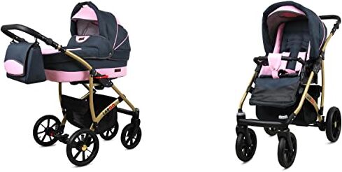 Babylux Passeggino Largo 2in1 Deep e Passeggino con Accessori Regolabile e Pieghevole Struttura in Alluminio Leggero 2 Opzioni di Montaggio Ruote Impenetrabili Grey Light Pink Gold Frame