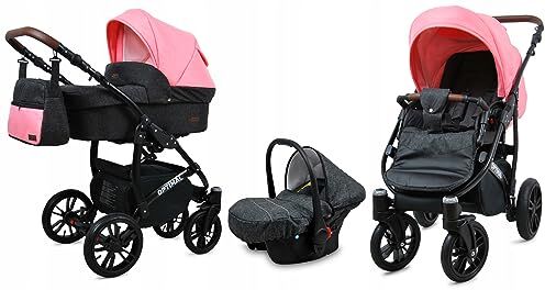 Babylux ® Bambini Passeggino Completo Set 3 in 1 Optimal incl. Navicella, Canna, Seggiolino Auto Carrozzina Neonati Sistema Combinato con Borsa fasciatoio, Copertura antipioggia ecc.