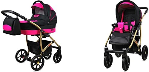 Babylux Passeggino Largo 2in1 Deep e Passeggino con Accessori Regolabile e Pieghevole Struttura in Alluminio Leggero 2 Opzioni di Montaggio Ruote Impenetrabili Black Magenta Gold Frame