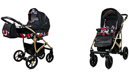 Babylux Passeggino Largo 2in1 Deep e Passeggino con Accessori Regolabile e Pieghevole Struttura in Alluminio Leggero 2 Opzioni di Montaggio Ruote Impenetrabili Black Moro Gold Frame